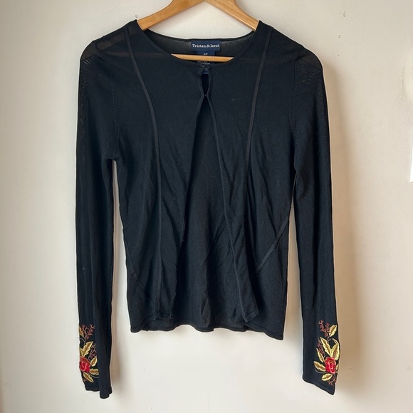 Vintage Y2K black stretch mesh cardigan with hook closure and floral embroidery - Picture 9 of 9